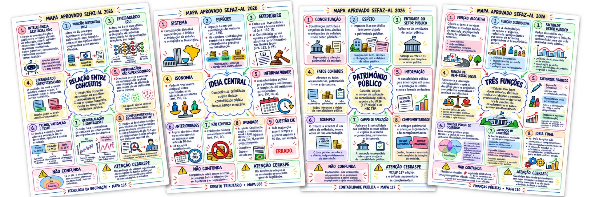 Quatro mapas do Mapa Aprovado SEFAZ-AL 2026 abertos lado a lado para revisão