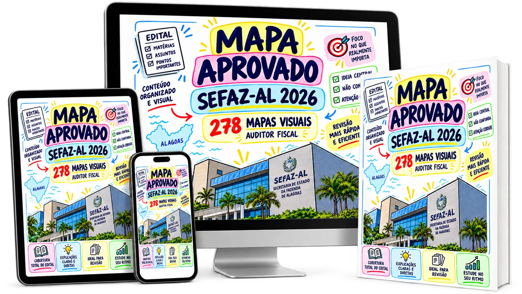 Pacote completo Mapa Aprovado SEFAZ-AL 2026 em computador, tablet, celular e material impresso